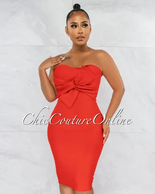 Merlinda Red Bow Accent Bandage Strapless Dress