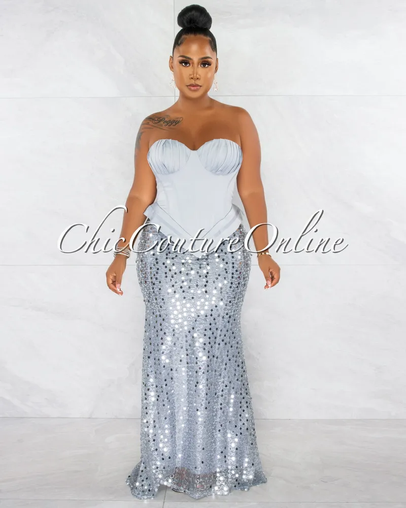 Olesia Silver Sequins Bottom Strapless Maxi Dress