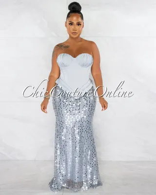 Olesia Silver Sequins Bottom Strapless Maxi Dress