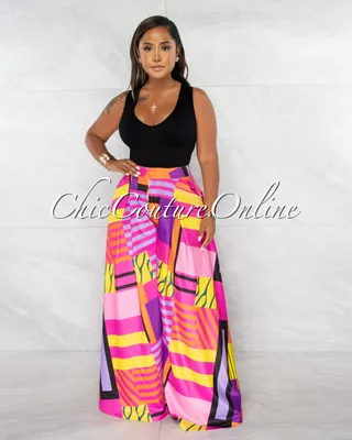 Julie Fuchsia Multi Color Abstract Print Pleated Wide Pants