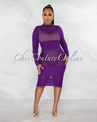 Orbel Purple Knit See-Thru Midi Dress