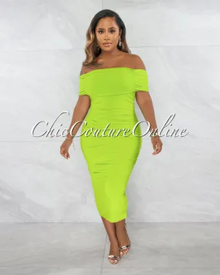 Belkis Neon Lime Ruched Off-The-Shoulder Midi Dress