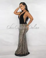 Roxxy Black Top Nude Illusion Rhinestones Hem Maxi Dress