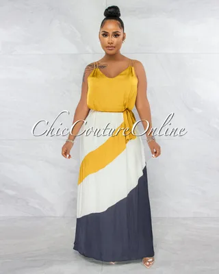 Merida Mustard Ivory Grey Block Color Maxi Dress