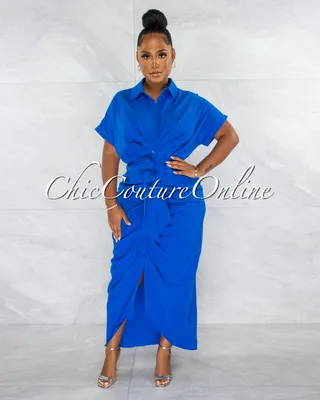 Rodrigo Royal Blue Draped Front Tie Shirt Maxi Dress