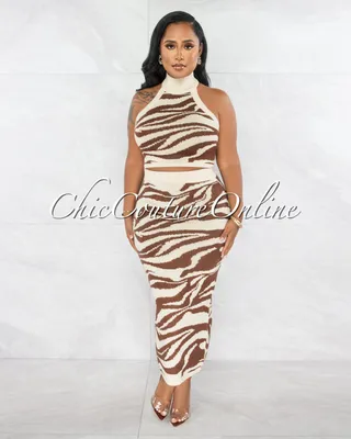 Sherlyn Nude Brown Print Halter Top & Maxi Skirt Knit Set