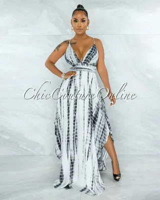 Urika Black White Tie-Dye Halter Maxi Dress