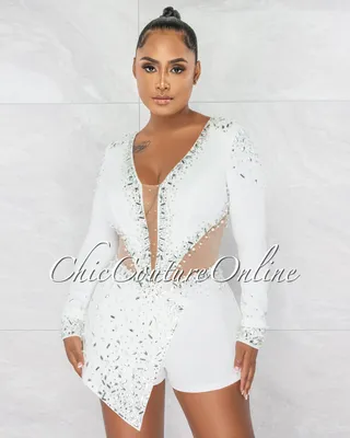 Sebban Off-White Rhinestones Mesh Accent Romper