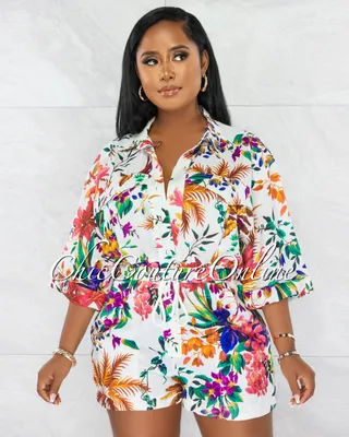 Moran White Multi-Color Print Utility Romper