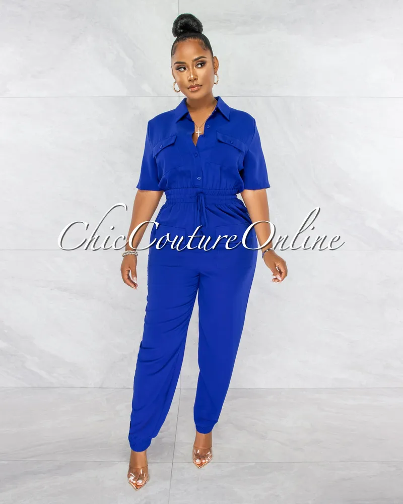 Chic Couture Online Billie Royal Blue Cargo Pockets Utility Jumpsuit