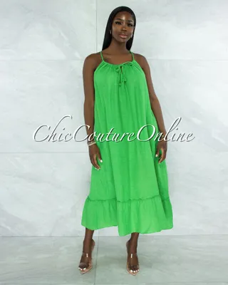 Nassar Kelly Green Braid Straps Ruffle Hem Maxi LINEN Dress