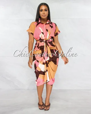 Jeriah Salmon Brown Drape Self-Tie Belt Shirt Midi Dress