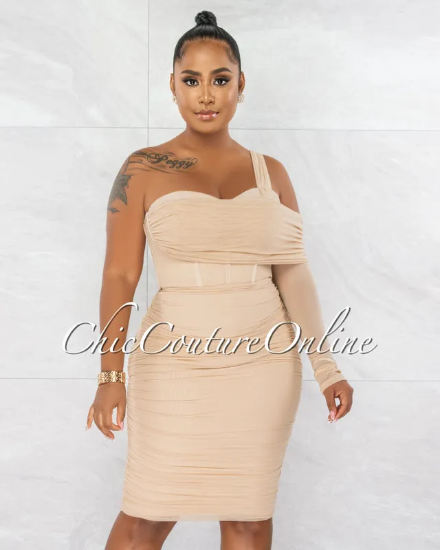 Chic Couture Online Grainne Nude Silky Mesh Ruched Bandage Corset Dress