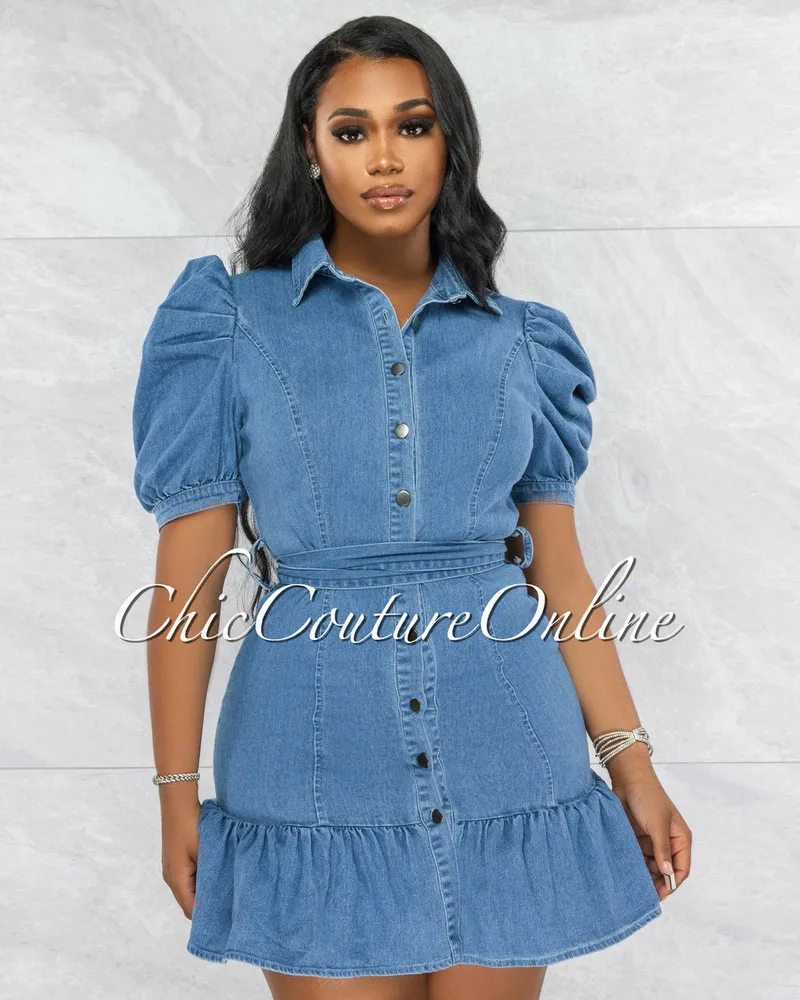 Raven Medium Denim Bubble Sleeves Ruffle Dress