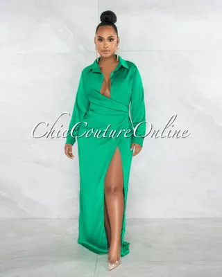 Yuriana Emerald Green Draped Front Maxi Silky Dress