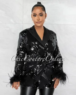 Hidalgo Black Sequins Feather Cuffs Silky Collar Blazer