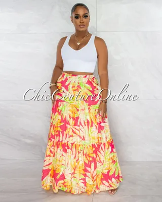 Mermada Coral Yellow Leaf Print Maxi Skirt