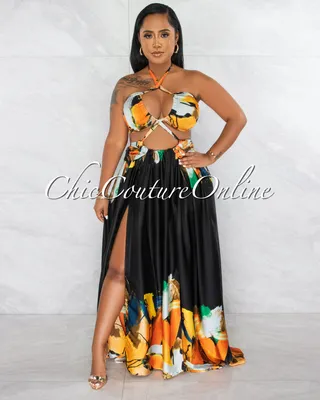 Novia Black Orange Print Halter Cut-Out Maxi Dress