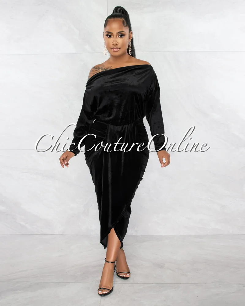 Edmar Black Velvet Draped Front Midi Dress