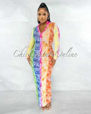 Chance Rainbow Tie-Dye Print Sheer Buttons Maxi Shirt Dress