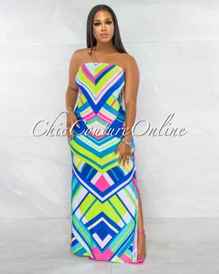 Estampa Chevron Print Strappy Back Maxi Dress