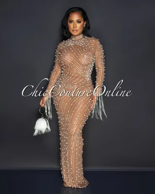 Katashna Mesh Sheer Rhinestones Maxi Dress