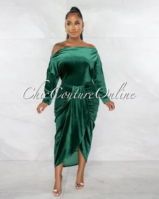 Edmar Hunter Green Velvet Draped Front Midi Dress