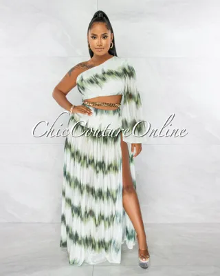 Roxanne Green White Gold Shimmer Chain Belt Cut-Out Maxi Dress