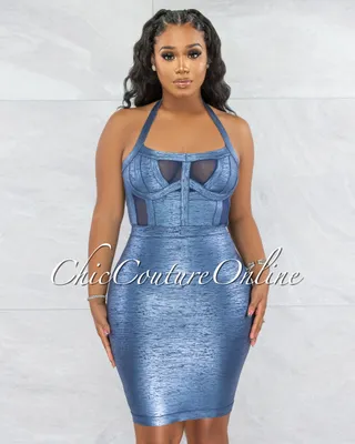 Vendor-unknown Artha Sapphire Blue Foil Mesh Details Bandage Dress |  Bramalea City Centre