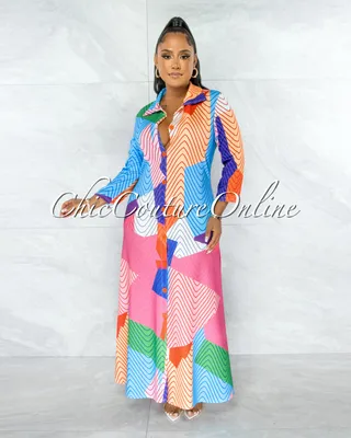 Miriam Multi-Color Print Buttoned Shirt Maxi Dress