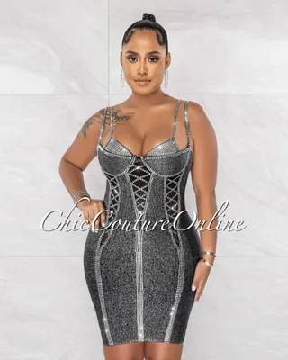 Candis Black Silver Shimmer Rhinestones Bandage Dress