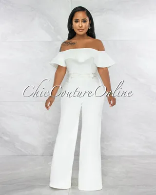 Basler Off-White Denim Ruffle Off-The Shoulder Jumpsuit