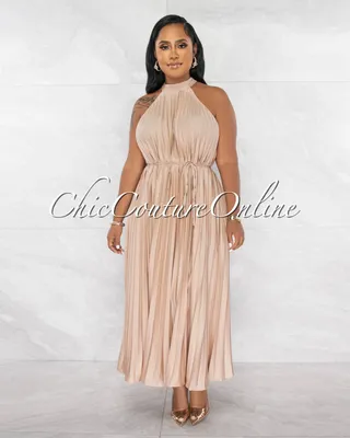 Nicia Champagne Halter Pleated Silky Maxi Dress