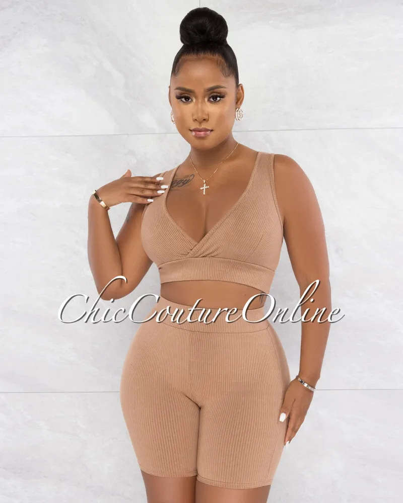 Jadal Khaki Crop Top & Bike Shorts Ribbed Set