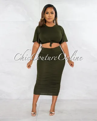 Marfo Military Green Knot Crop Top & Ruched Skirt Set