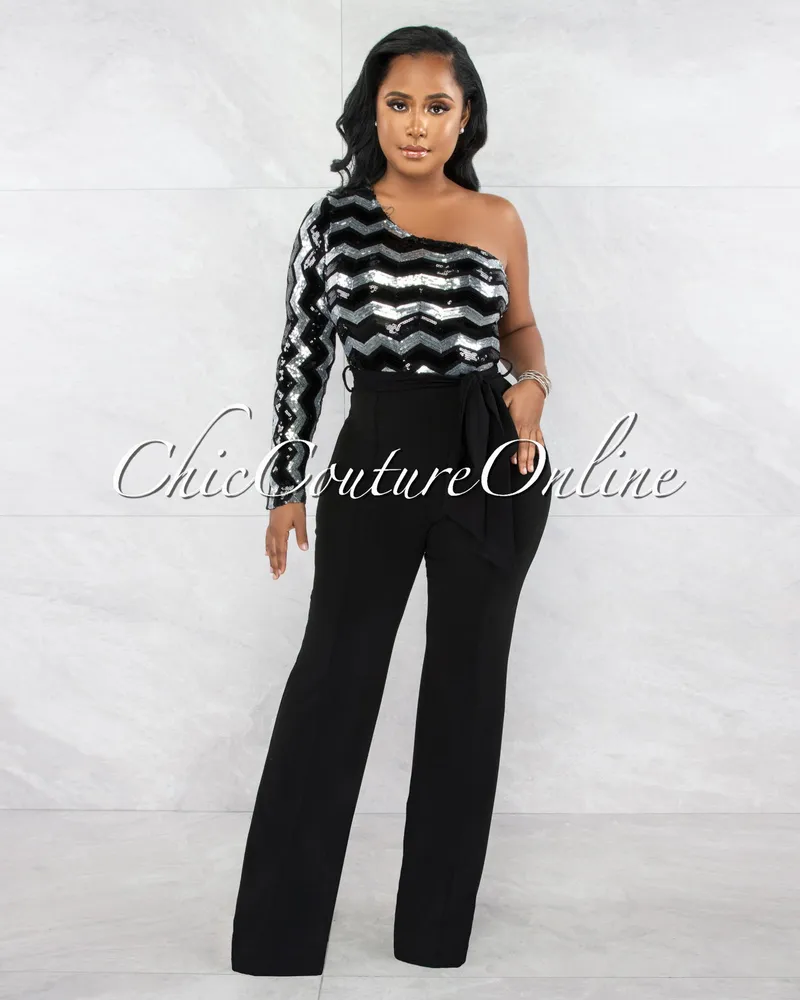 Define Black Silver Chevron Sequins Single Sleeve Jumpsuit