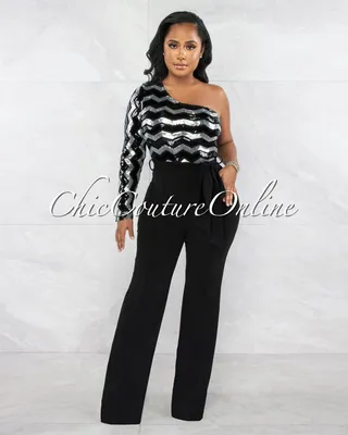 Define Black Silver Chevron Sequins Single Sleeve Jumpsuit
