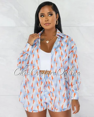 Tameka Baby Blue Orange Print Shirt & Flutter Mini Shorts Set