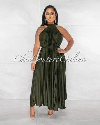 Nicia Hunter Green Halter Pleated Silky Maxi Dress