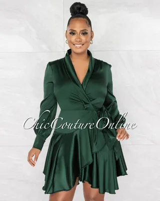 Eloyda Hunter Green Wrap High Low Ruffle Dress