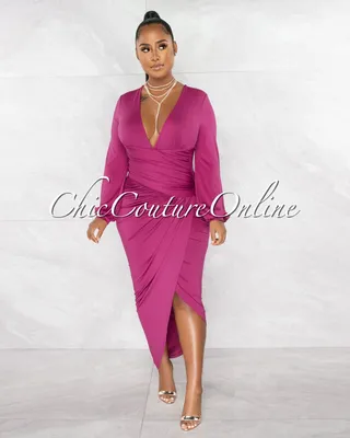 Vida Magenta V-Neck Draped Waistband Midi Dress