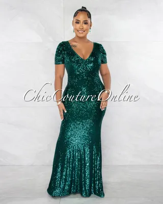 Kadmiel Hunter Green Sequins Bubble Sleeves Back Bow Detail Gown