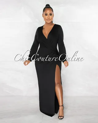 Camelia Black Drape Side Slit Maxi Dress