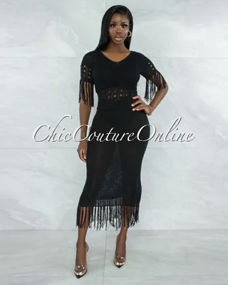 Casina Black Crochet Cover-Up Fringe Maxi Dress