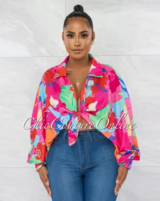 Ladia Fuchsia Print Front Tie Blouse