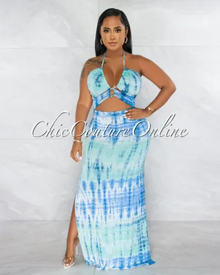 Forest Green Blue Tie-Dye Ruched Cut-Out Maxi Dress