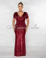 Kadmiel Burgundy Sequins Bubble Sleeves Back Bow Detail Gown