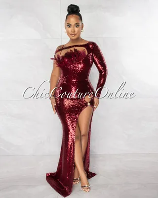 Ruben Burgundy Sequins Feather Bust Bodysuit Maxi Dress