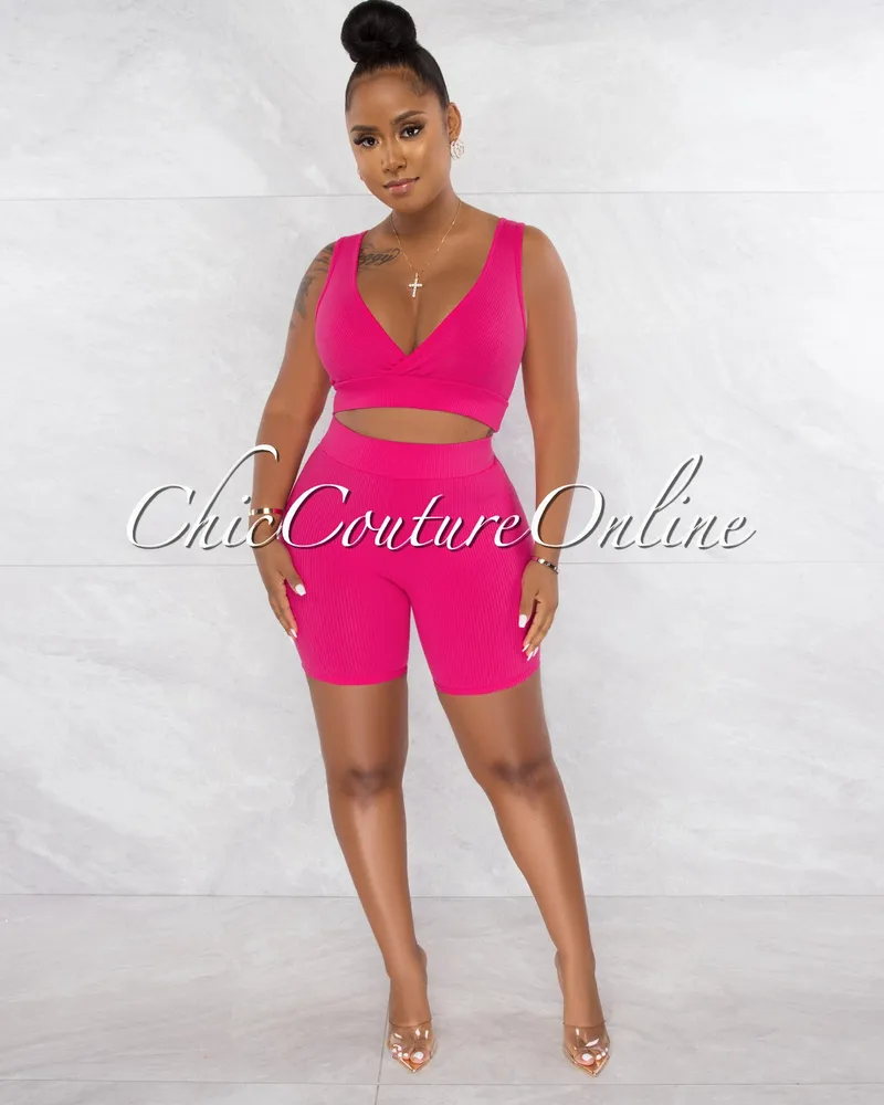 Jadal Fuchsia Crop Top & Bike Shorts Ribbed Set