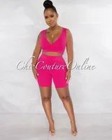 Jadal Fuchsia Crop Top & Bike Shorts Ribbed Set